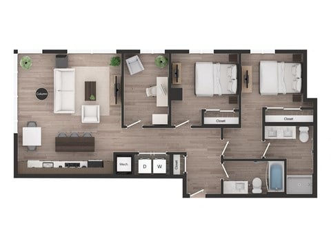 Floor plan for 2 beds, 2 baths, 1105 sqft
